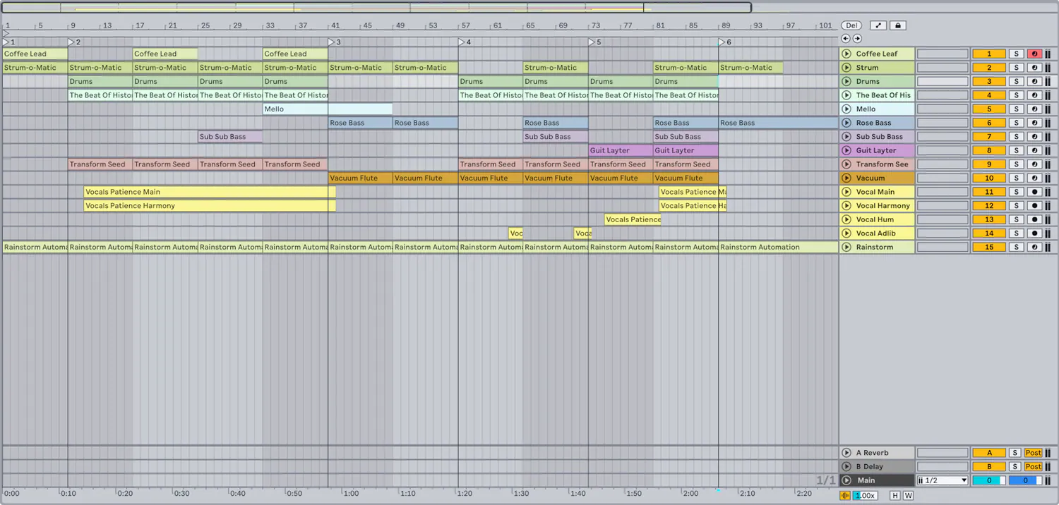 Аранжировка песни на временной шкале Ableton Live