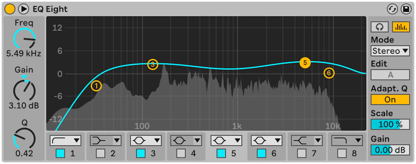 Эквалайзер EQ Eight в Ableton Live со спектром и точками фильтра