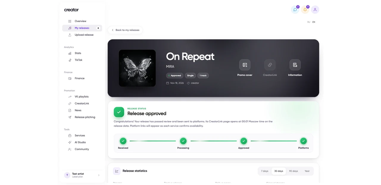 A release in creator showing Approved status and delivery progress