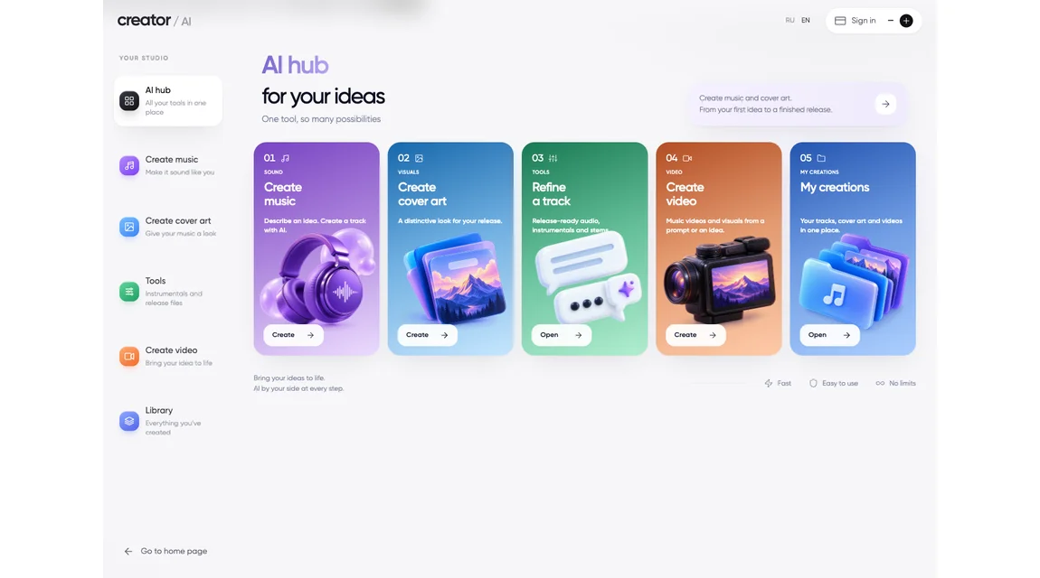 creator AI hub with music, cover art, chat and video tools