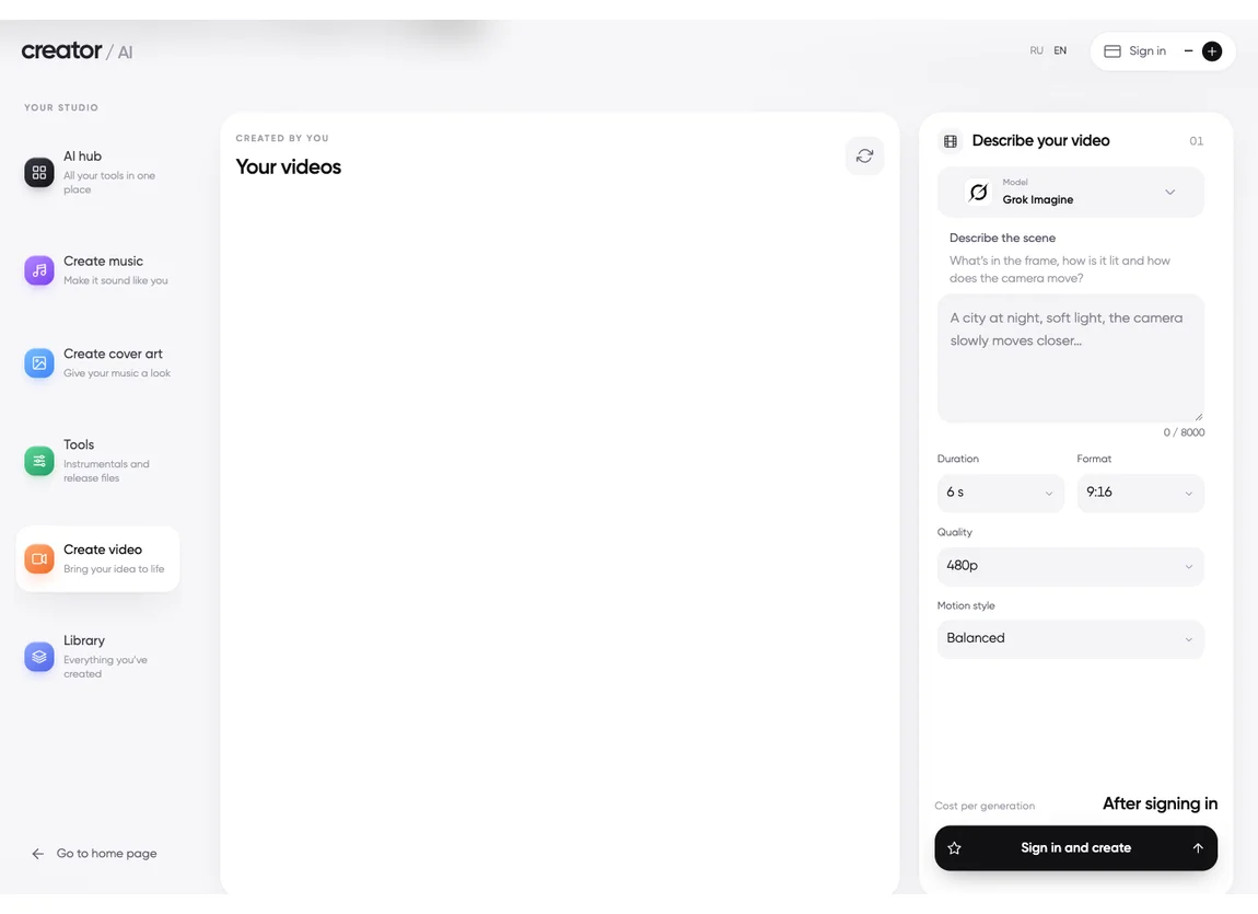 AI video scene description, duration, format and quality settings