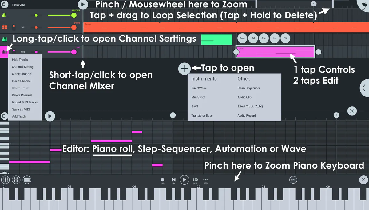 Playlist и piano roll в FL Studio Mobile