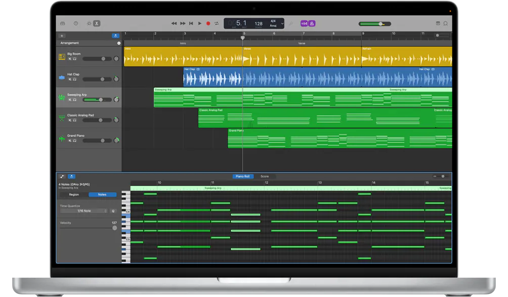 Многодорожечный проект и окно обработки в GarageBand