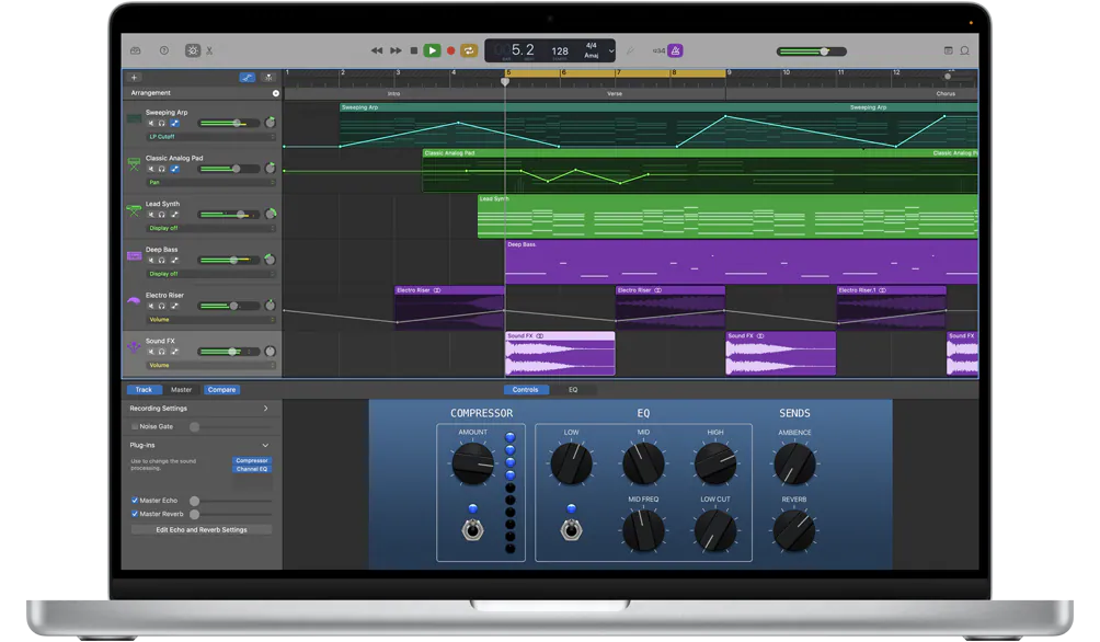 Проект песни с несколькими дорожками в GarageBand